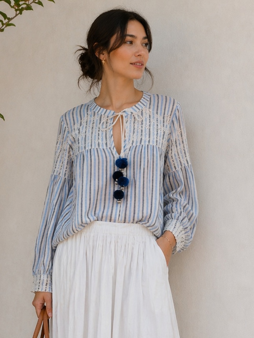 LoveShackFancy Striped Eyelet Blouse Boho Top Blue White Tassel Size M